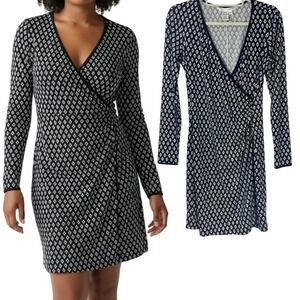 Max Studio Women FauxWrap Long Sleeves Mini Dress Sz M Black White Diamond Print